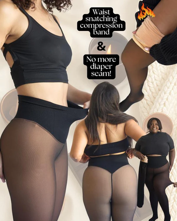 FemKora- Compression Band Model One-Seam Translucent Fleece Lined Tights
