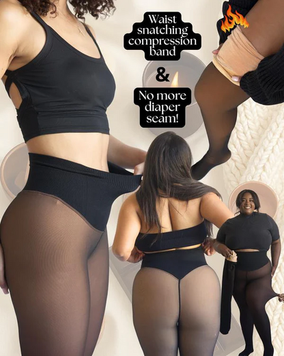 FemKora- Compression Band Model One-Seam Translucent Fleece Lined Tights